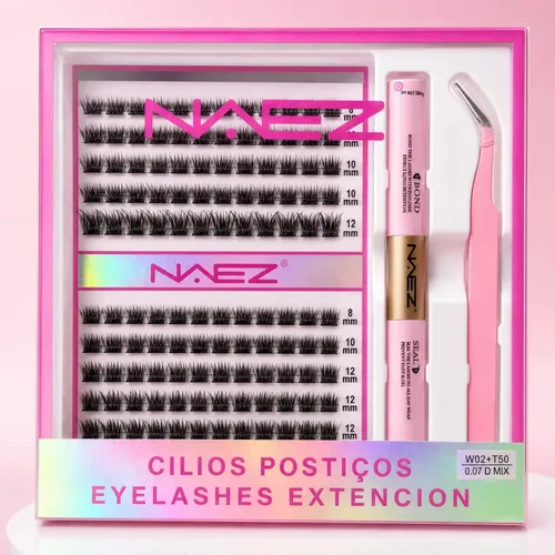 Kit De Pestañas Cluster Naez 2 Estilos Largos Mix Negro Bc2666 W02 + T50 Grosor 0.07 Largos Mix De 8 A 14 Mm