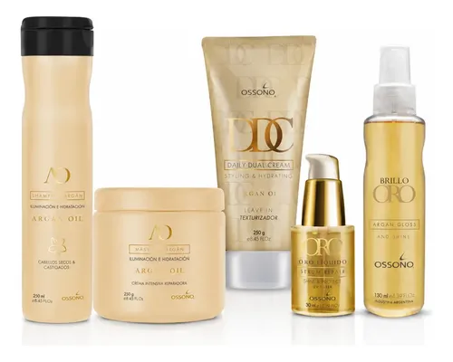 Kit Ossono Argán Cabello Seco Shampoo Máscara Oro Líquido