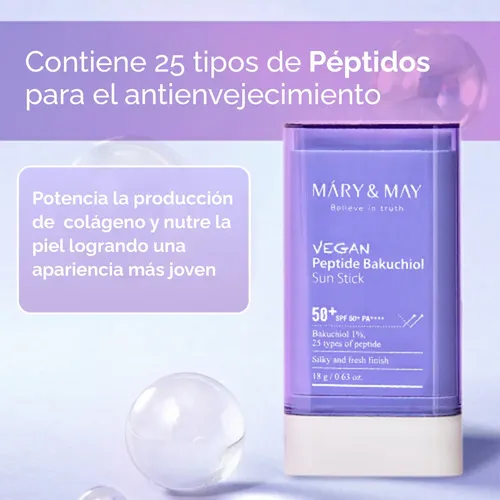 Protector Solar Facial Mary&May Vegan Peptide Bakuchiol Sun Stick SPF50+ PA++++ En Barra Vegano Antiage con toque Seco apto Piel Grasa Mixta Facil Reaplicar Coreano Kbeauty