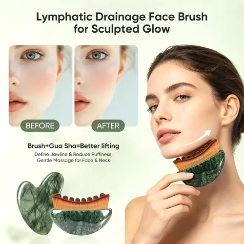 2-in-1 Jade Gua Sha & Contour Brush, Lymphatic Drainage Set