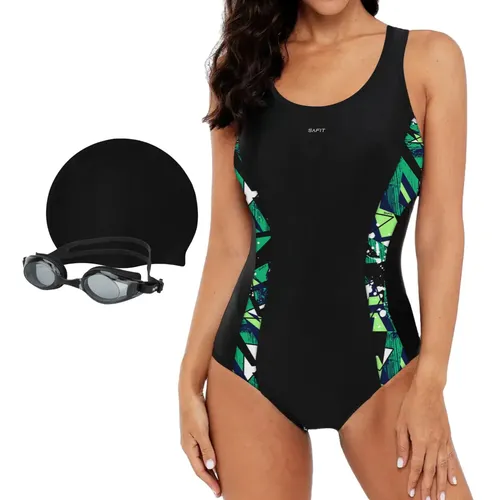 Traje De Baño Entero Safit Antiparras + Gorro Mujer