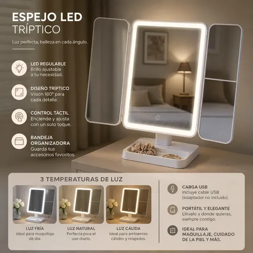 Maquillaje Espejo Recargable Led 3 Modos De Aumento 1x 2x 3x