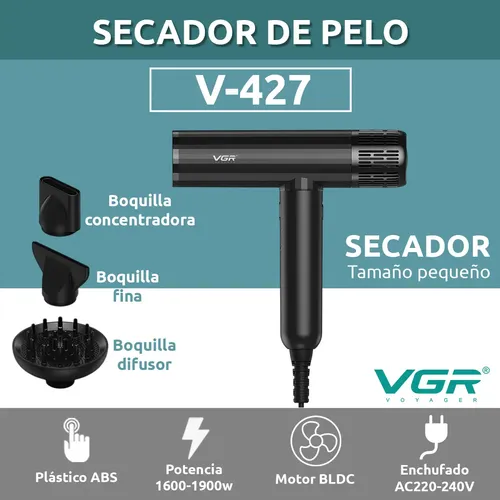 Secador De Pelo Profesional Vgr V-427 Bldc 1900w Iónico Salón 110000rpm Color Negro