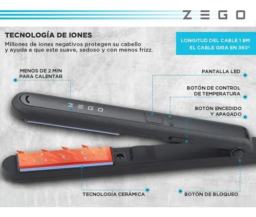 Planchita De Pelo Zego Ceramica Funcion Ion Color ZBP42 Negro