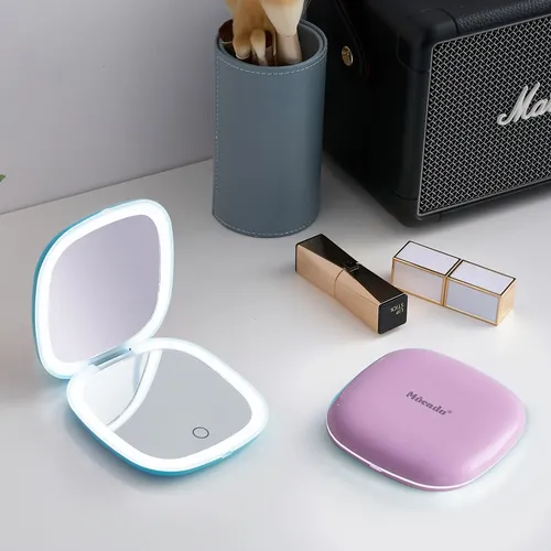 Espejo De Bolsillo Con Luz Mocado 10cm Recargable Morado