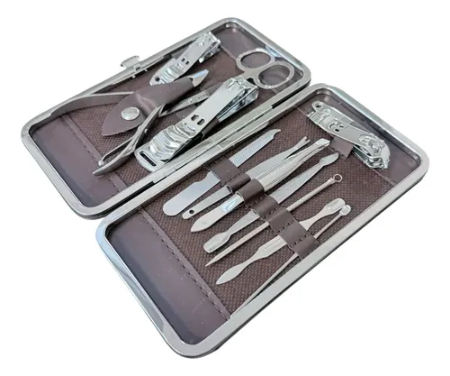 Set Manicura Pedicura 12 Piezas Acero Estuche Marrón