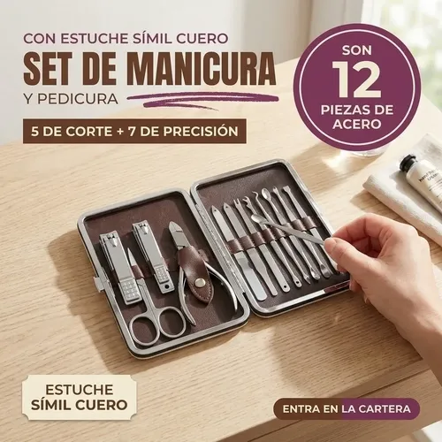 Set Manicura Pedicura 12 Piezas Acero Estuche Marrón