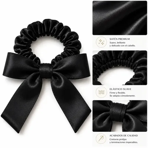 Scrunchie de saten con moño para mujer anti frizz coquette negro