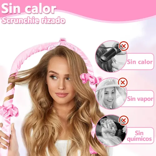 Rulos Sin Calor + Gorro Satén For Dormir, 5 Piezas, Rosa
