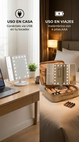 Espejo Mtl Tríptico Con Luz Led Iluminación Portátil Base