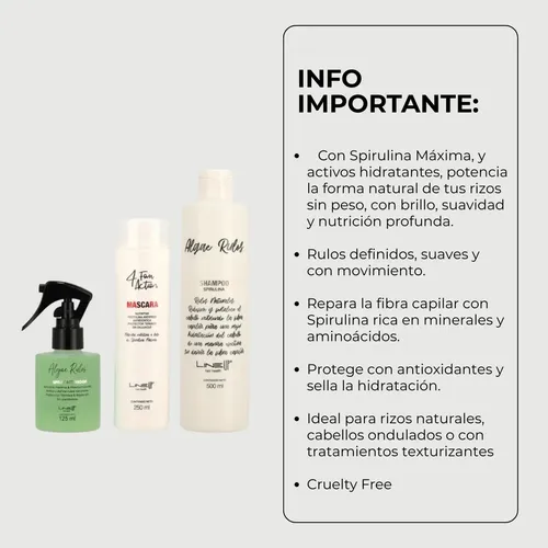 Kit Rizos Hombre con Espirulina Maxima una bomba proteica para que tu pelo crezca fuerte rulos definidos y relajados a la vez Shampoo Acondicionador 4FourAction y Spray, Producto Profesional LineUp