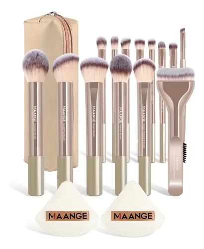 14 Pinceles De Maquillaje, 2 Esponjas De Maquillaje Con Almo Marrón