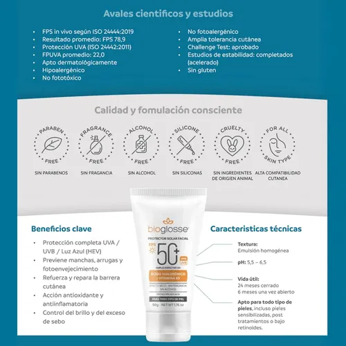 Bioglosse Protector Solar Facial Fps50+ Efecto Seco
