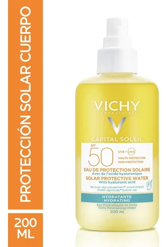 Agua Solar Protectora Corporal Hidratante con Ácido Hialurónico y Vitamina E, Protección Avanzada UVA/UVB FPS50 Capital Soleil Vichy 200ml