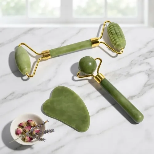 Kit Skincare Rodillo Jade Masajeador Facial Gua Sha 3 En 1