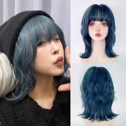 Peluca Azul Intenso Con Flequillo Ondulado Con Cabeza De Sal