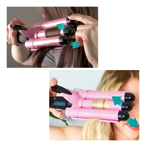 Triple Rizadora De Cabello Ondas Playeras Color Rosa . .