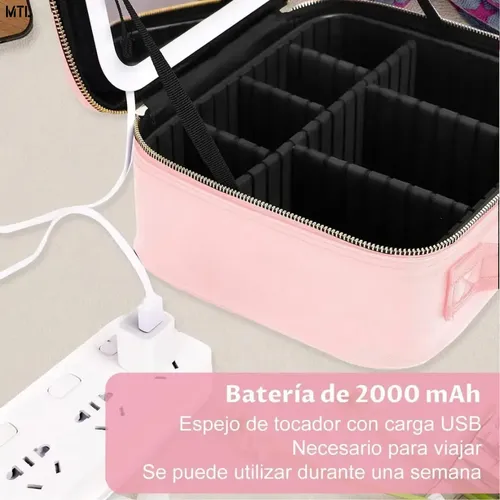 Organizador Mtl Portátil Luz Led Espejo Accesorios Pu Viajes