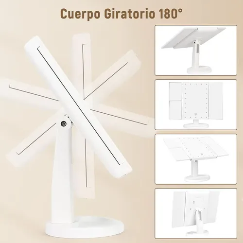 Espejo De Maquillaje Con Pantalla Tactil Luz Led Regulable Giratorio 180 Grados Con Aumento Iluminacion Ajustable Ideal Para Maquillarse Color Blanco Levys Bazar
