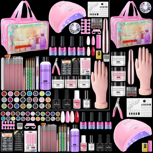 Kit Uñas Acrílicas Profesional Rosa Holográfico Con Lámp
