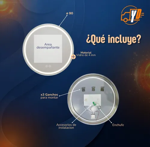 Espejo Luz Led Redondo Baño Desempañante 90cm