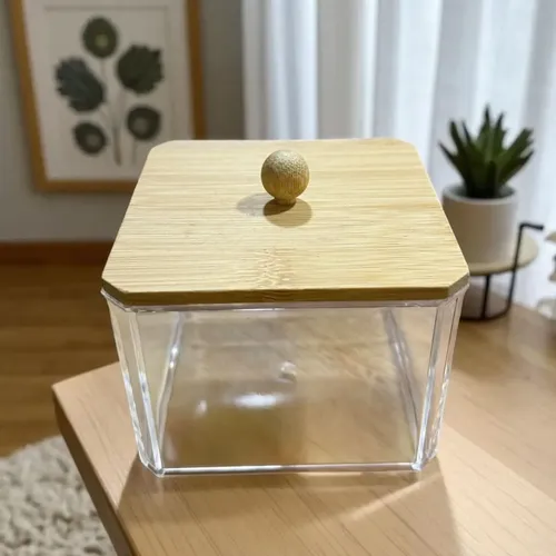 Organizador Cosméticos Maquillaje Acrílico Tapa Bambú 7x9cm