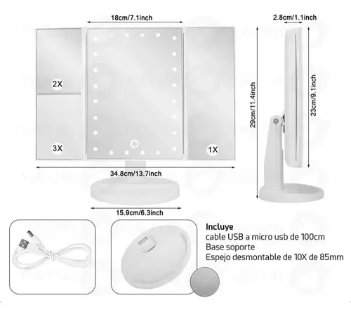 Espejo De Maquillaje Tríptico Daza Dzmirmulti Con Luz Led Y Aumento 1x/2x/3x/10x Base Reforzada Usb/pilas Ideal Maquillaje Profesional Rutinas Belleza Tocador Dormitorio – Color Blanco