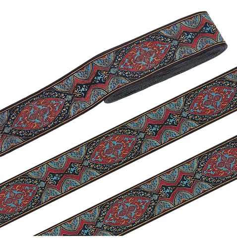 1 Roll De Cinta De Poliéster Con Diseño Floral Estilo Nacion Black With Red And Turquoise Accents Floral / Jacquard Medallion