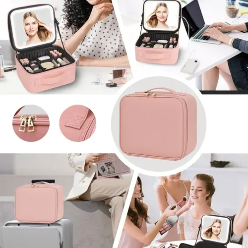 Organizador Mtl Portátil Luz Led Espejo Accesorios Pu Viajes