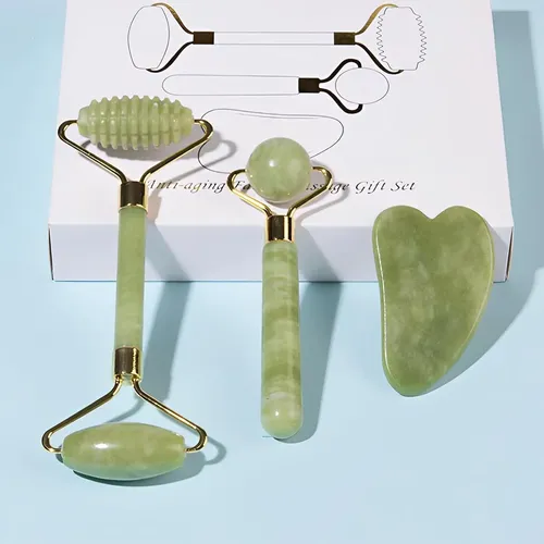 Set 3 Piezas Masaje Jade Rodillo Y Gua Sha Facial