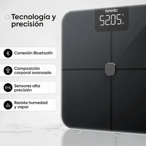 Balanza Digital Con Bluetooth Personal Minimalista Smart Bioimpedancia 4 Electrodos Invisibles Porcentaje Grasa Corporal Femmto