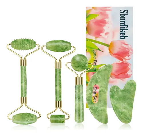 Kit Masajeador Facial Jade Roller Y Gua Sha 5 Unidades Verde