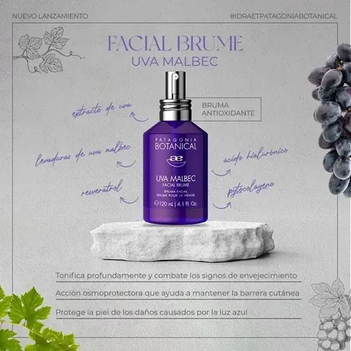 Bruma Facial Uva Malbec – Idraet 120ml Momento de aplicación Día/Noche Tipo de piel Todo tipo de piel