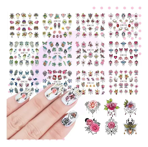 10 Planchas Stickers Al Agua Tatoo Deco Nails Lefemme