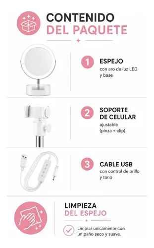 Espejo Portatil Maquillaje Luz Led 3 Tonos Altura Regulable