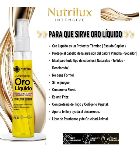 Protector Térmico Oro Liquido 210ml Formula Vegana Antifrizz