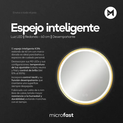 Espejo Redondo con Luz LED Táctil para Baño, Desempañante y Marco Dorado de 60 cm