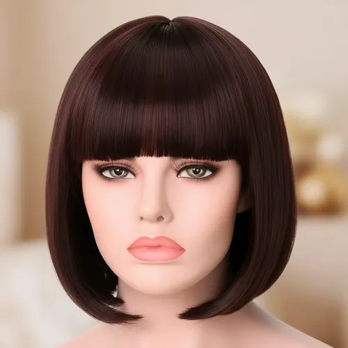 Peluca Corta Bob Simil Natural Castaño Flequillo Oncológica