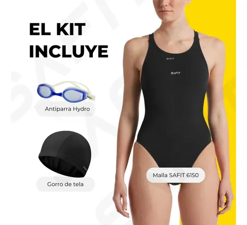 Combo Malla Natacion Safit Mujer + Antiparras + Gorro Tela