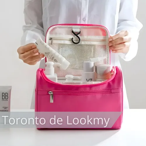 Porta Cosmeticos De Viaje Rosa Lookmy | Bolso Neceser Con Percha De Colgar | Organizador De Maquillaje Y Cosméticos |