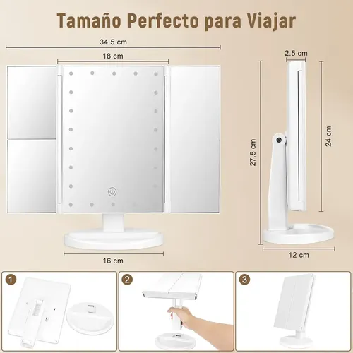 Espejo De Maquillaje Con Pantalla Tactil Luz Led Regulable Giratorio 180 Grados Con Aumento Iluminacion Ajustable Ideal Para Maquillarse Color Blanco Levys Bazar