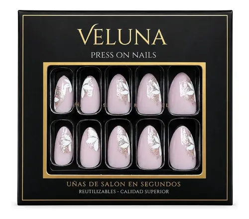 Uñas Postizas Press On Nails Veluna Reutilizables Diseños Variados – Nude Blossom Gold