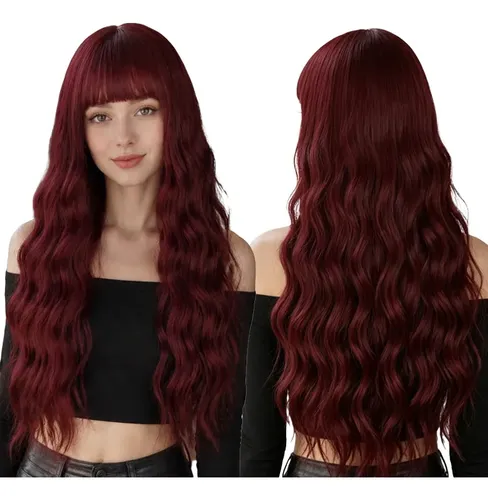 Peluca Larga Ondulada Con Flequillo Mujer Burgundy M