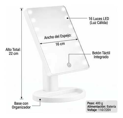 Espejo Cosmético Led Portátil Luz Cálida Tactil Maquillaje