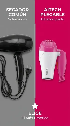 Secador Cabello Pelo Plegable Portatil 800w 2 Velocidades Frio Calor Rosa Viaje Cabina Hotel Hombre Mujer Cartera Bolso Mini Premium Liviano Comodo Resistente Profesional Familia Hogar Pocket