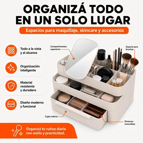 Organizador De Mesa Maquillaje Manicuria Escritorio Plastico Beige