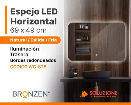 Espejo Horizontal Borde Curvo Luz Led Trasera 70×50