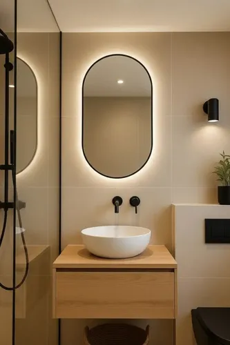 Espejo Con Luz Led Cálida Ovalado 70×40 Borde Negro De Pared