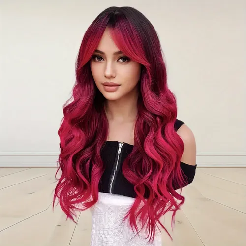 [ Peluca De Mujer Larga Y Rizada De Color Rojo Rosa *