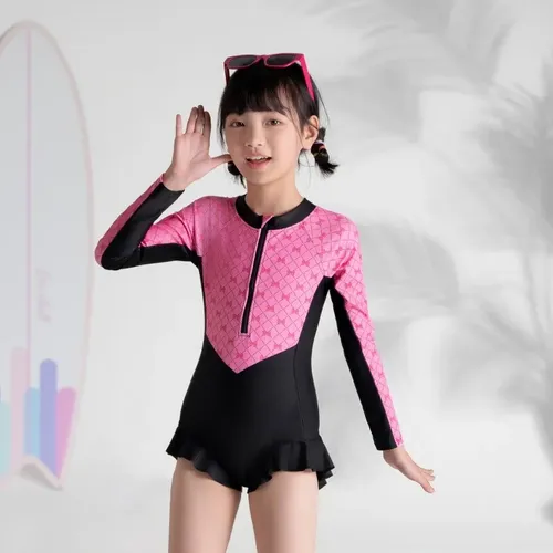 Traje De Baño De Una Pieza Niña Manga Larga Con Gorro